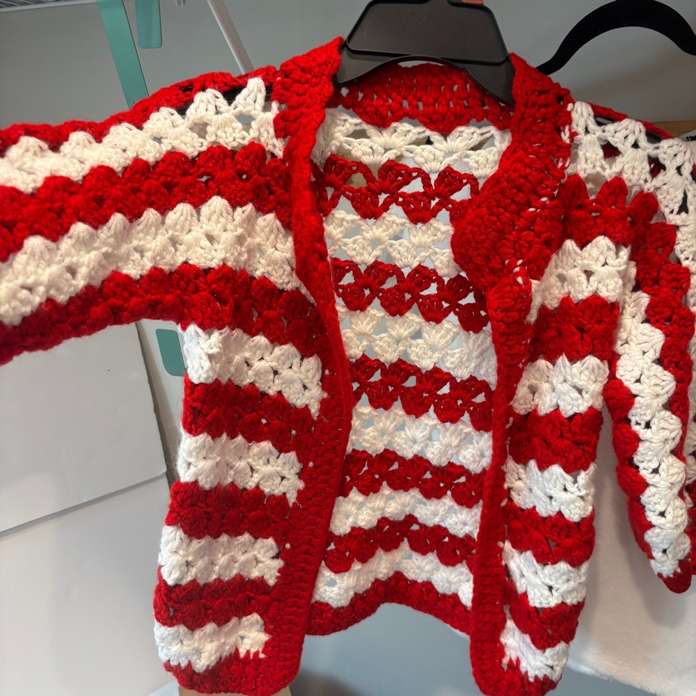 Handmade Crochet Cardigan Red White Striped Shell Stitch Open Front Sweater